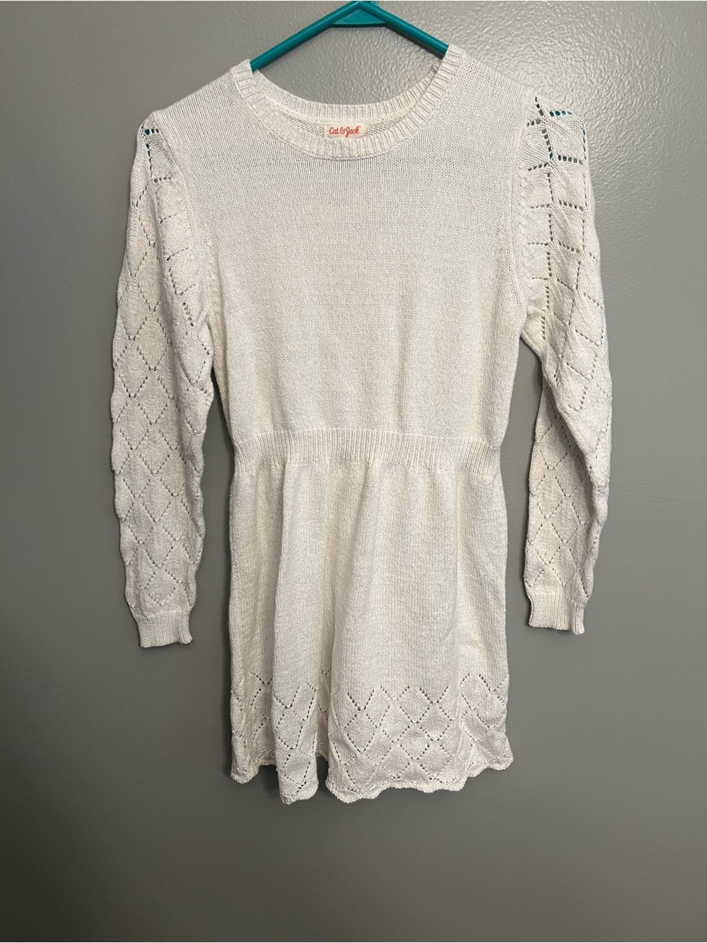 Cat & Jack Cream Knit Diamond-Stitch Long Sleeve Dress